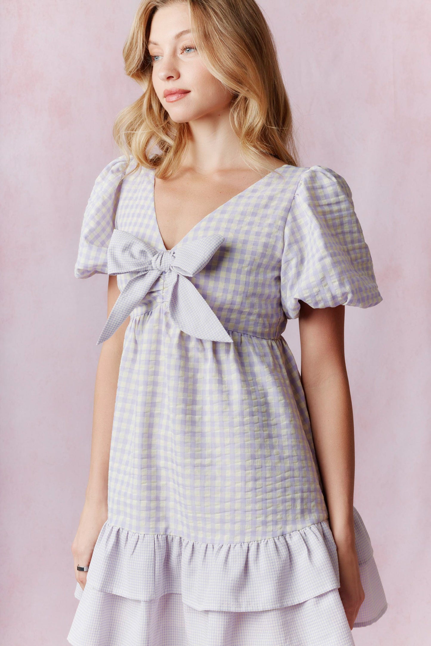 Seersucker Gingham Print Balloon Sleeve Ruffled Mini Dress