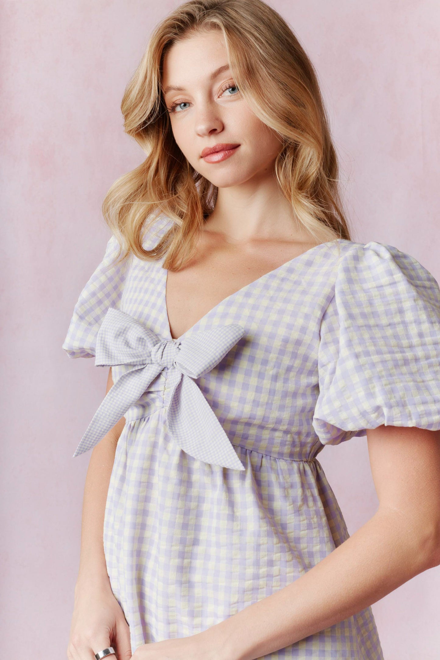 Seersucker Gingham Print Balloon Sleeve Ruffled Mini Dress