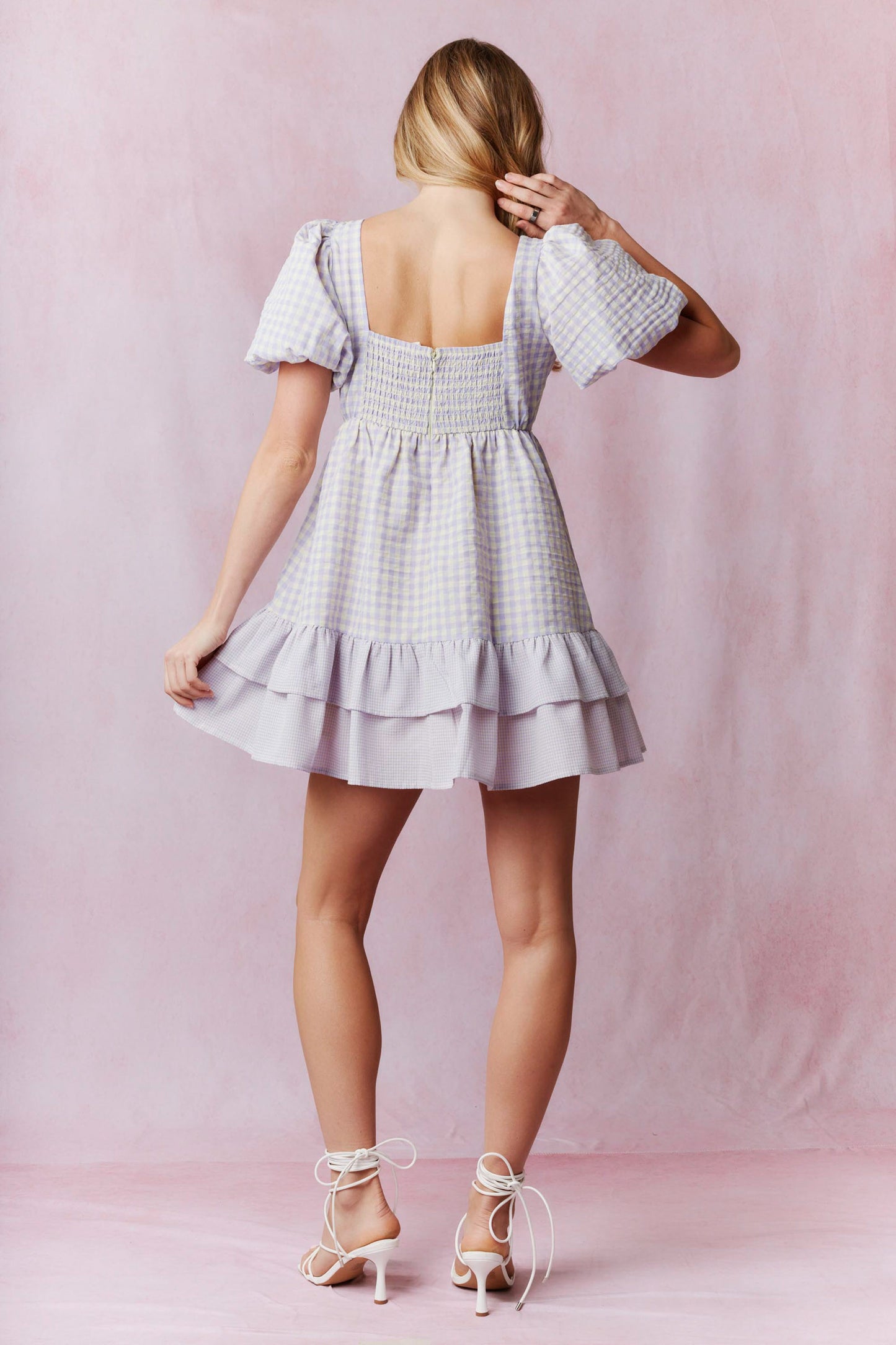 Seersucker Gingham Print Balloon Sleeve Ruffled Mini Dress