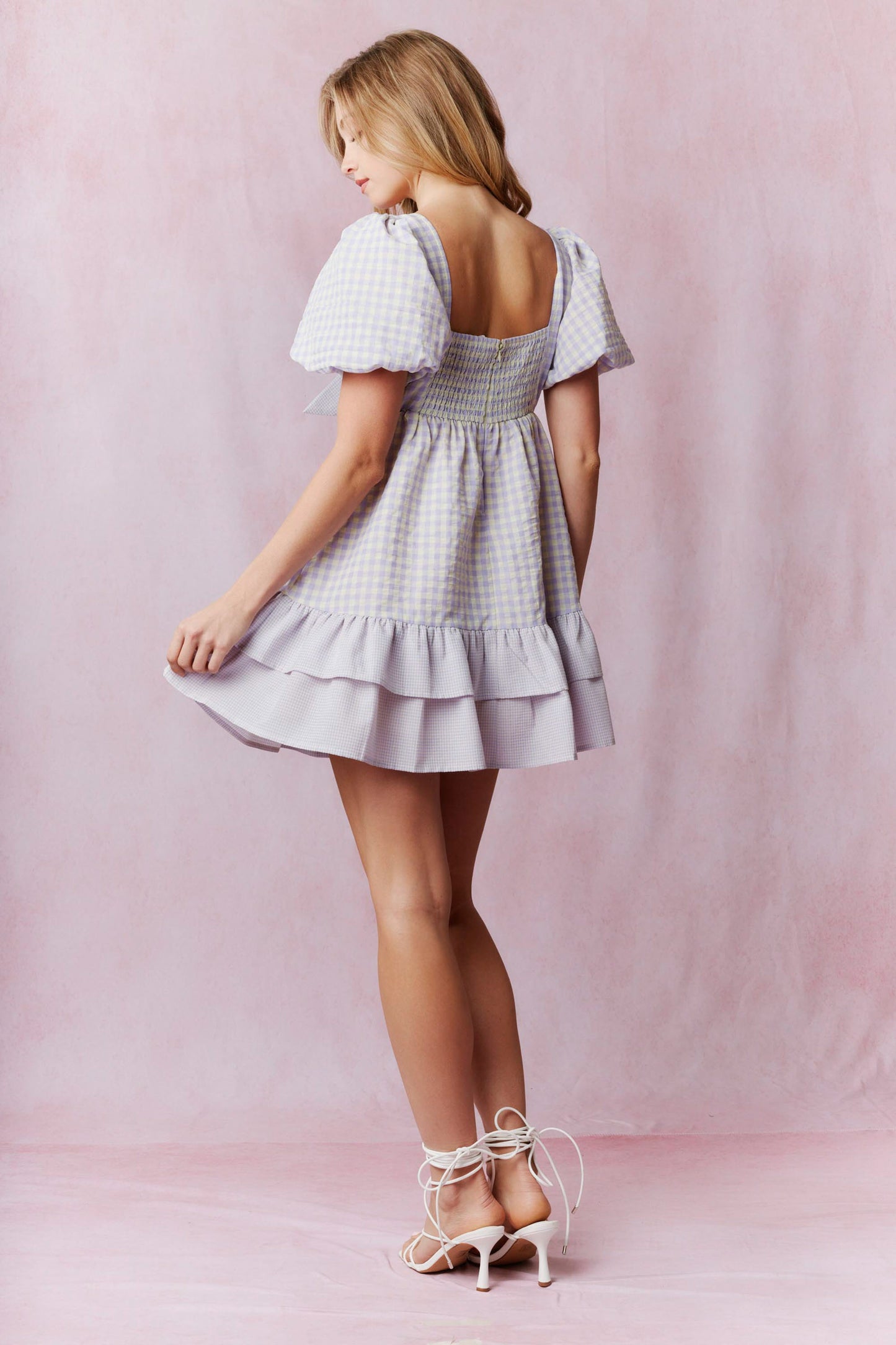 Seersucker Gingham Print Balloon Sleeve Ruffled Mini Dress