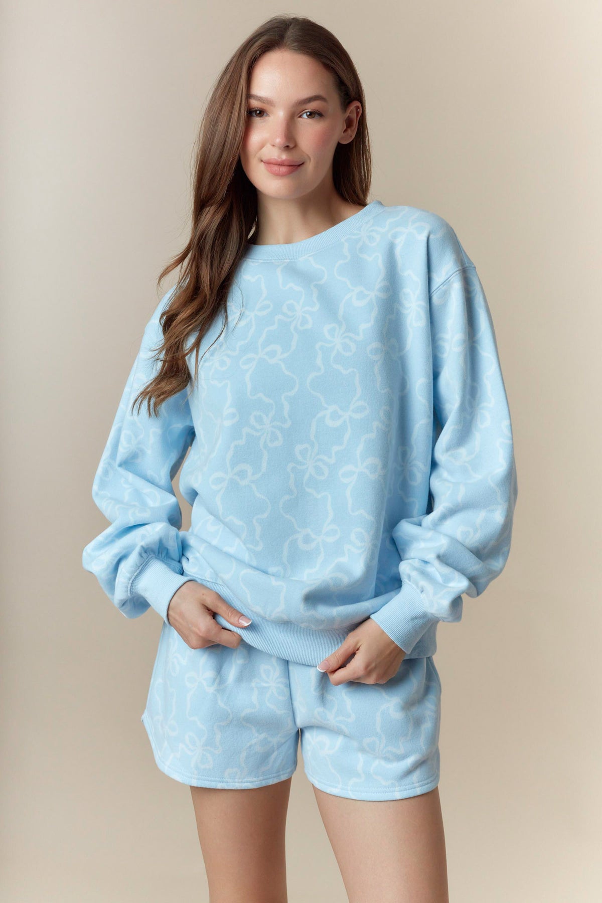 Bow Printed Fleece Terry Sweatshirt And Shorts Set In Baby Blue