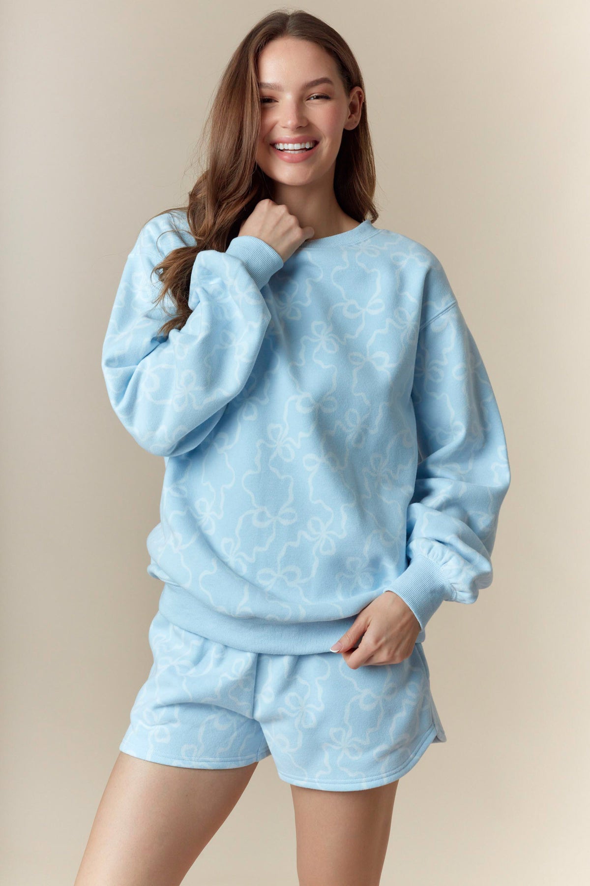 Bow Printed Fleece Terry Sweatshirt And Shorts Set In Baby Blue