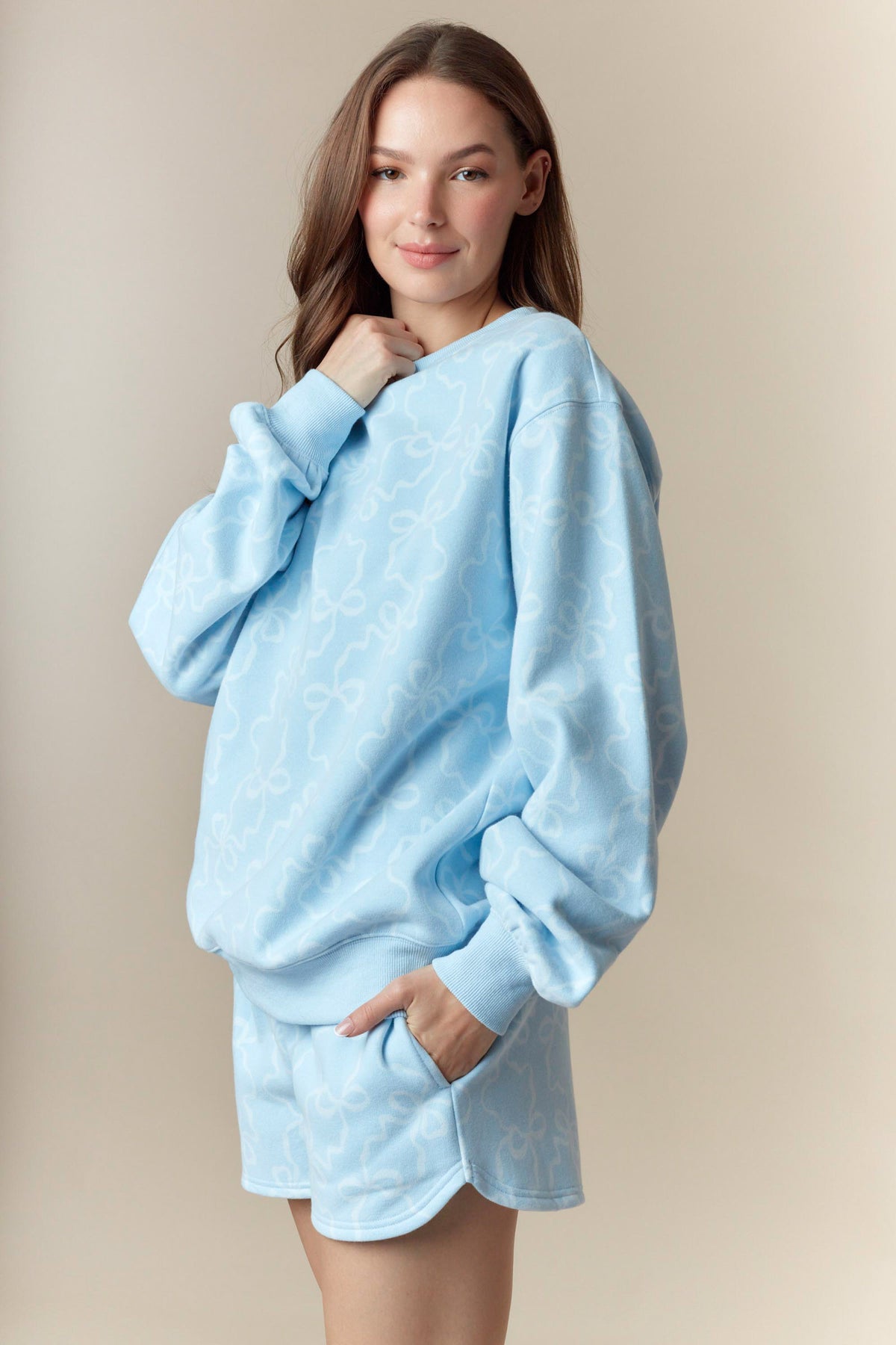 Bow Printed Fleece Terry Sweatshirt And Shorts Set In Baby Blue