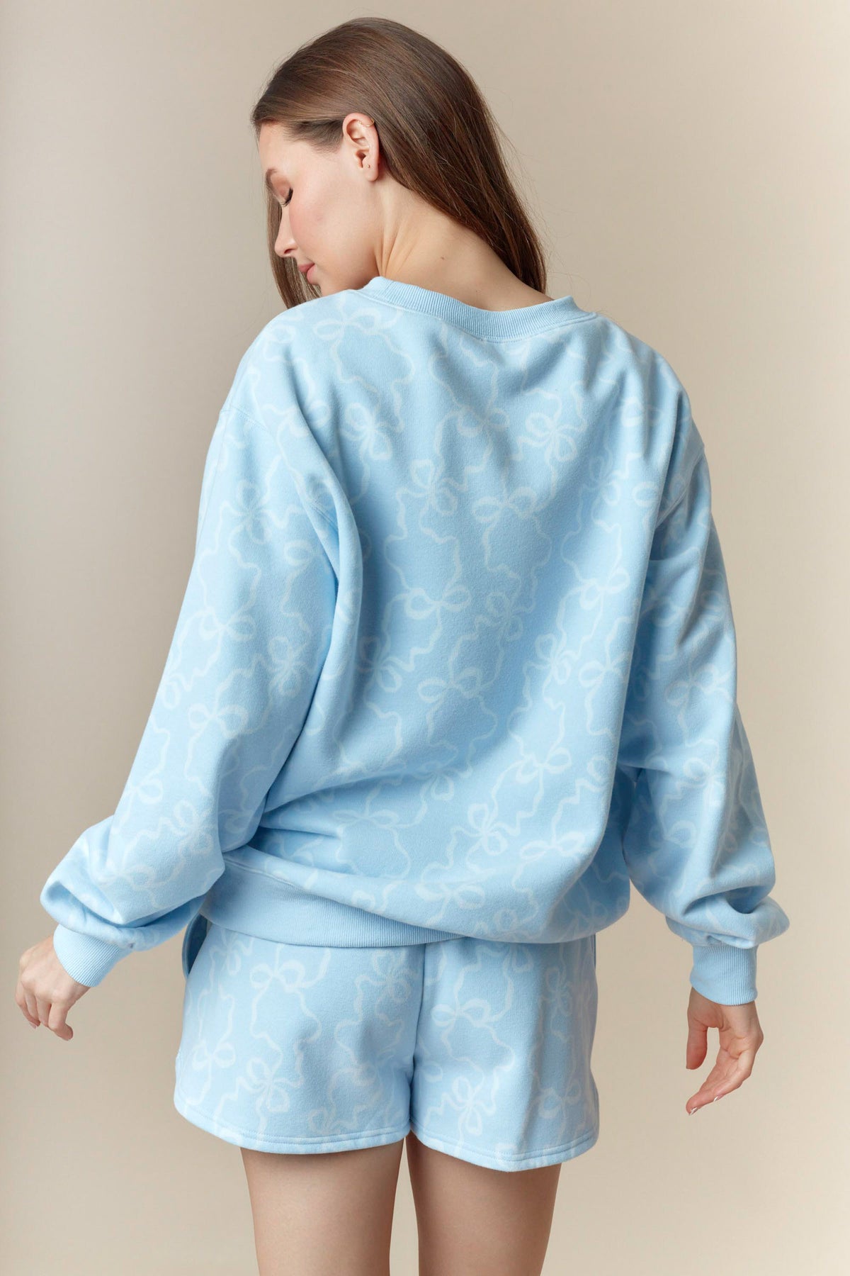 Bow Printed Fleece Terry Sweatshirt And Shorts Set In Baby Blue