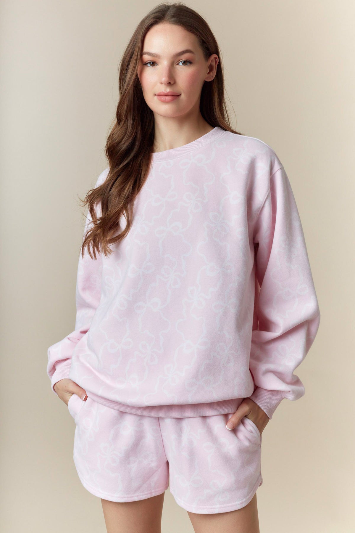 Bow Printed Fleece Terry Sweatshirt And Shorts Set In Baby Pink