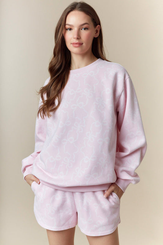 Bow Printed Fleece Terry Sweatshirt And Shorts Set In Baby Pink