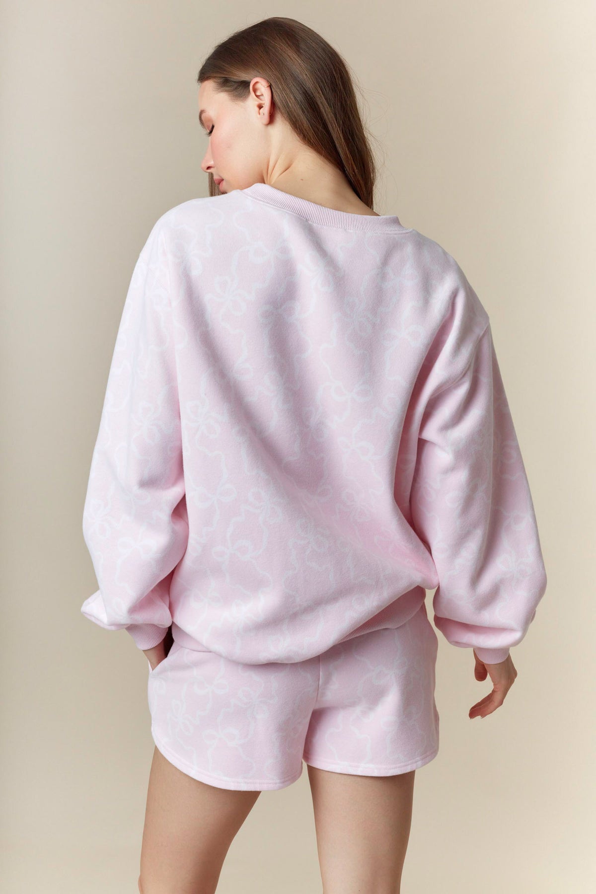 Bow Printed Fleece Terry Sweatshirt And Shorts Set In Baby Pink