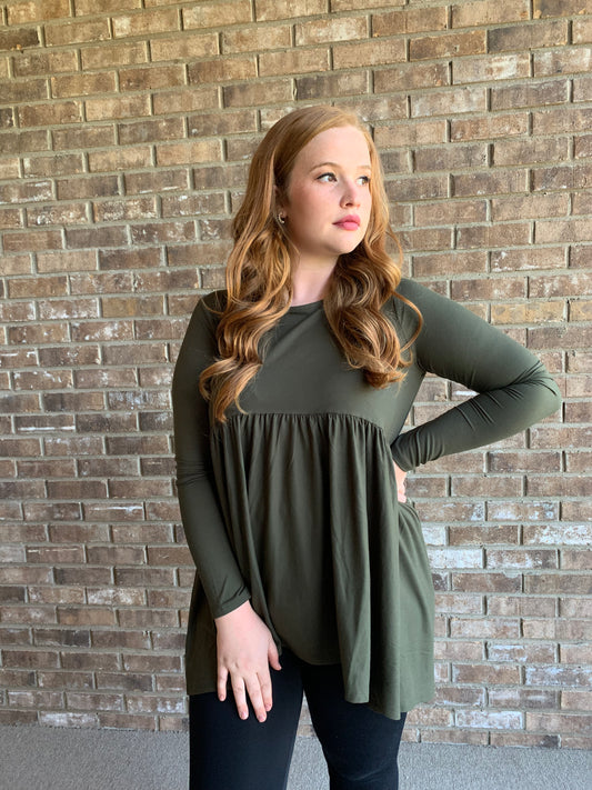 Long sleeve waist shirring top in Olive