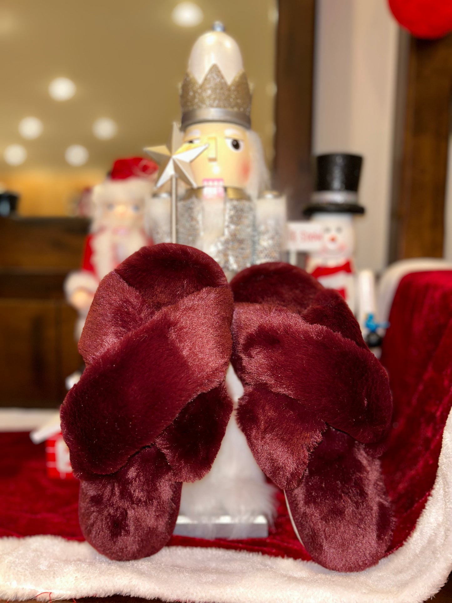 Fluffy Cross Strap Home Slippers in Burgundy