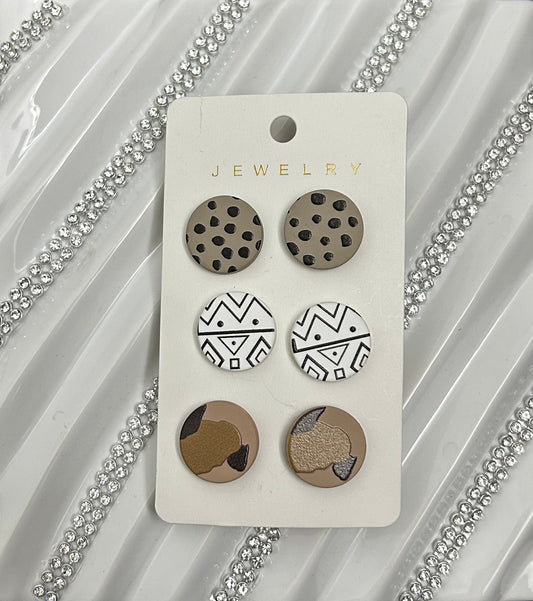 Stunning Tan Geometric Pattern Stud Earrings Set - 3 Pairs