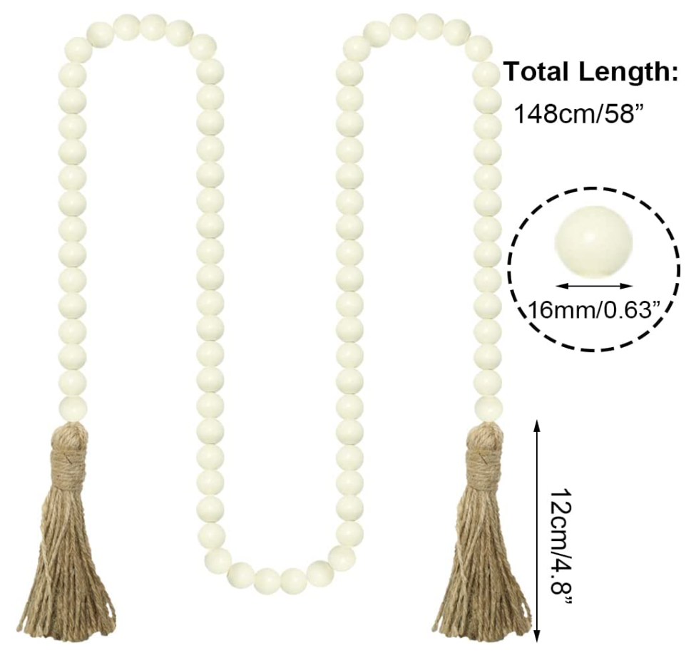 Farmhouse Wood Bead Garland with Tassels, Rustic Decor for Farmhouse (Beige)