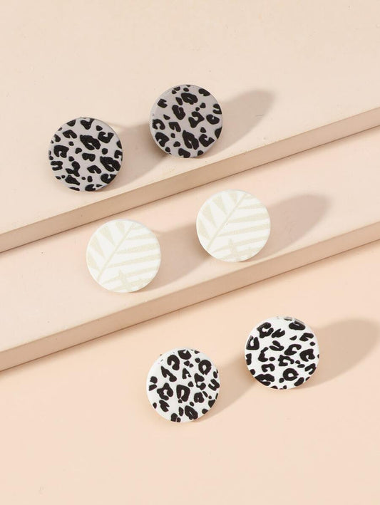 3pairs Leopard Print Round Stud Earrings