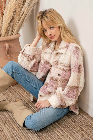 PLAID SHERPA JACKET - LIGHT PINK MULTI